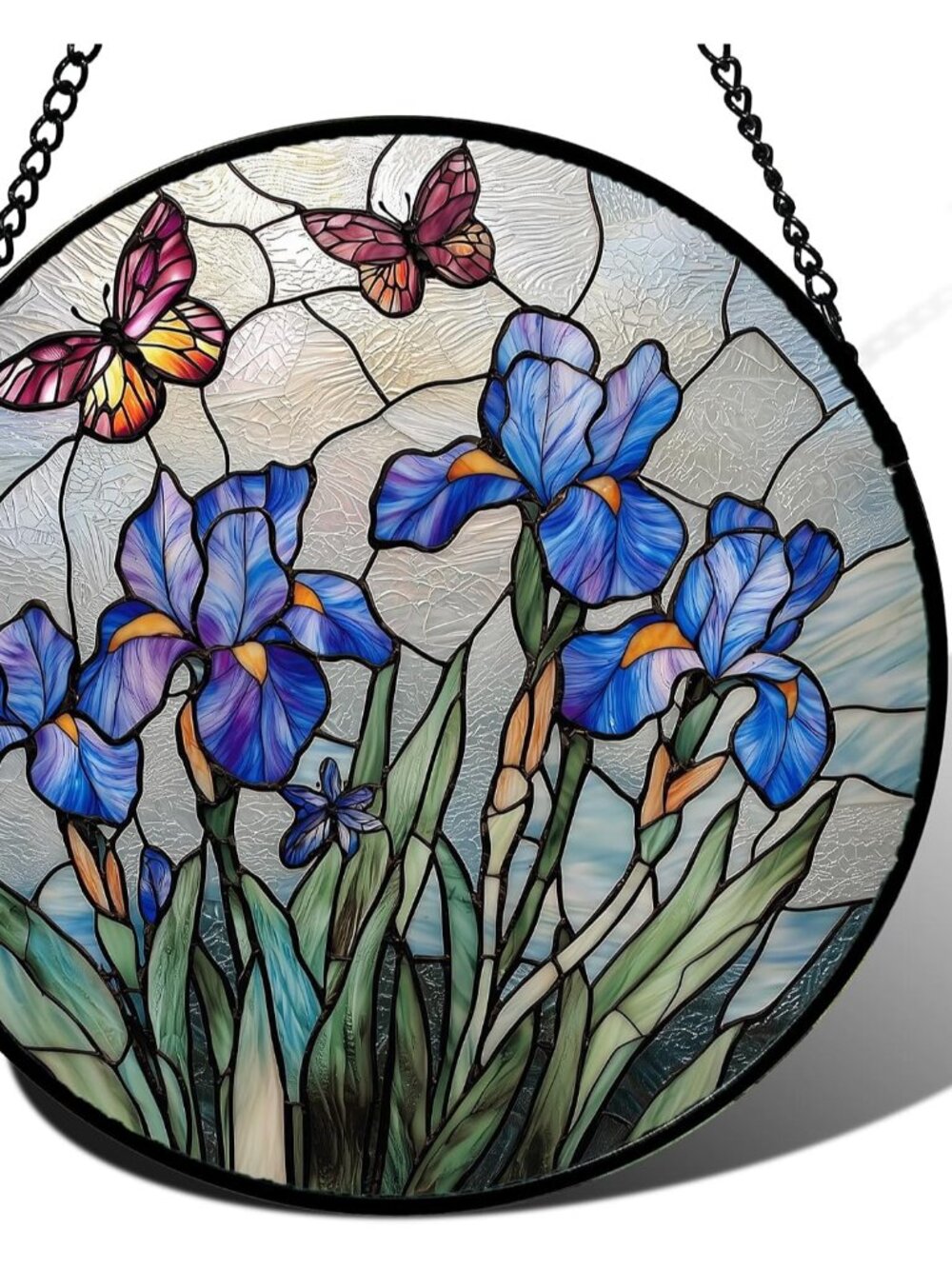 Purple Iris Butterfly Stained Glass Window Hanging Suncatcher Gifts 6.3"